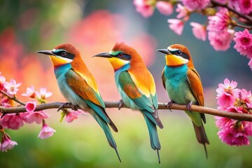 Fototapeta premium Three Birds on Branch, Pink Blossoms Spring Art Painting