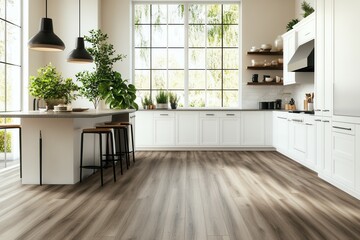 Modern spacious kitchen with wooden flooring and white cabinets in bright natural light.