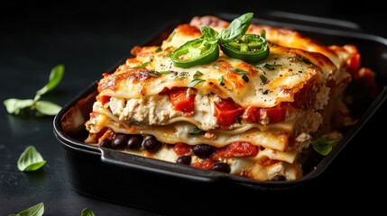 Baked vegetarian lasagna with layers of colorful veggies, adorned with melted cheese and topped by fresh green pepper slices, served hot in a baking pan.