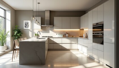 Fototapeta premium Stock photo depicts a contemporary kitchen with a large island shiny appliances and ample natural light making the space look fresh and functional.