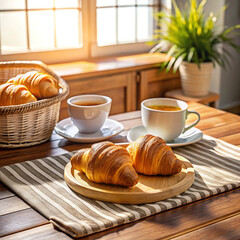 Sunlit breakfast scene with croissants and tea on wooden table.