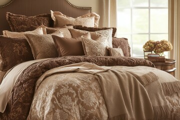 Luxurious beige and brown bedding set with ornate pillows and cozy throw blanket.