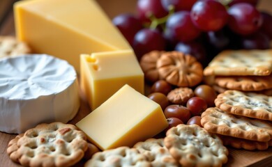 A selection of artisanal cheeses, including a creamy Camembert, a sharp cheddar, and a pungent blue cheese, displayed on a rustic wooden board.