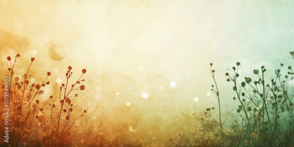 Poster dreamy abstract background featuring a colorful gradient with silhouettes of wildflowers, creating a