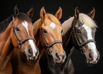 Obraz premium Three horses posing together against a dark background showcasing their unique features and personalities in a studio environment