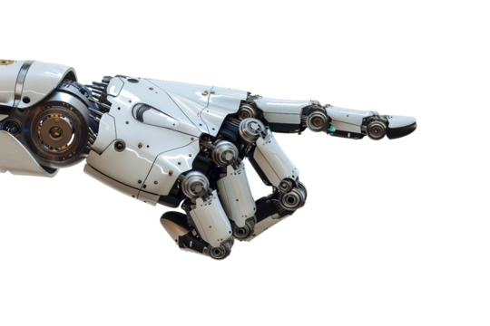 Innovative robotic hand expressing directionality through a pointing gesture isolated on transparent background