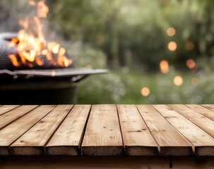 An outdoor barbecue scene featuring vibrant flames and a rustic wooden table, all set against the backdrop of a lush garden on a sunny afternoon