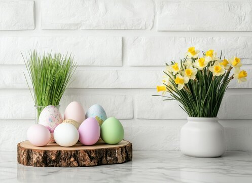 A beautiful display features colorful decorated eggs and vibrant fresh flowers artfully arranged on a rustic wooden slice, set against a charming white brick wall