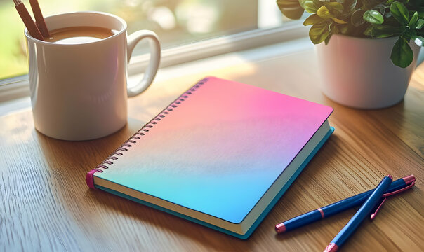 Colorful notebook, coffee mug, pens, and plant on wooden desk near window. - Powered by Adobe