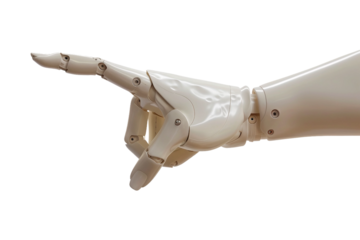 Futuristic robotic hand indicating direction with its index finger isolated on transparent background