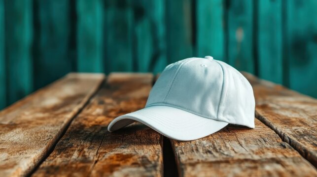 A minimalist shot of a classic white baseball cap set against a rustic wooden table, offering a blend of modern fashion and natural earthy textures in the composition.