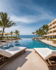 Fototapeta premium luxurious beach retreat, private coastal escape, tranquil oceanfront villa, ocean breeze luxury, modern seaside getaway, beachside opulence, exclusive beachfront sanctuary, luxury tropical hideaway, i