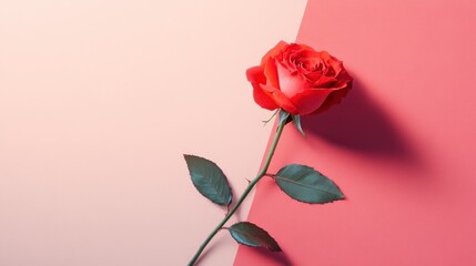 Obraz premium single red rose lies elegantly on two toned background, creating minimalist and striking visual contrast