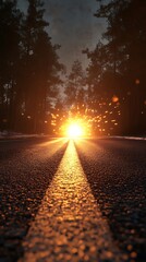 A road stretching towards a bright sunset, surrounded by trees and a serene atmosphere.