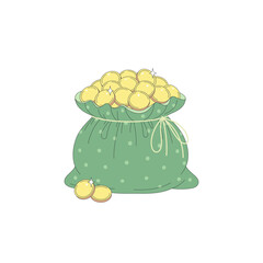 Green cloth bag full of gold coins tied with a rope. Sack of treasure.