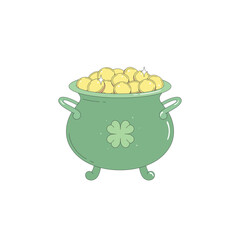 Leprechaun's Pot of Gold. Green pot with a four-leaf clover full of gold coins. The symbol of the St. Patrick's Day holiday.