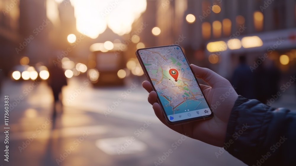 Poster Tourist is holding a smartphone displaying a navigation app with a red location pin on a map, indicating their current position in a bustling city center at sunset