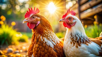 Two Adorable Brown and White Chickens in a Barnyard, High Depth of Field Stock Photo