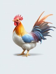 Fototapeta premium Vibrant rooster with multicolored plumage on light background.