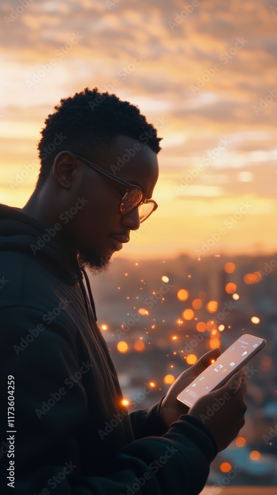 Aufkleber young man is using a smartphone with social media icons floating around it, against the backdrop of 