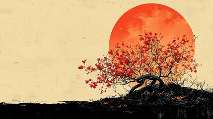 Red tree silhouette against large orange sun.