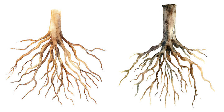 Exploring tree root systems nature watercolor art botanical illustration close-up view natural environment