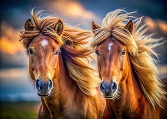 Obraz premium Two Ponies in a Windy Field, Bokeh Portrait