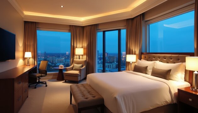 Stock photo features a sophisticated hotel room with contemporary furnishings soft lighting and a scenic city view offering a luxurious and calming space."