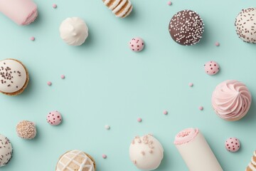 vibrant assortment of colorful desserts and sweets on pastel blue background