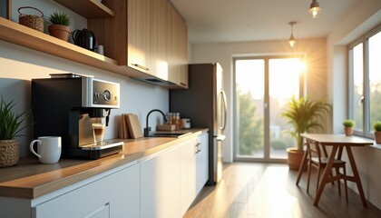 Stock photo presents a bright modern office kitchen with a sleek coffee machine snacks and ample natural light inviting relaxation and collaboration."