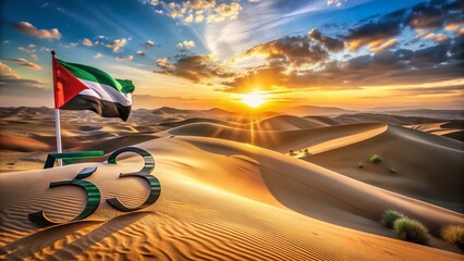 UAE 53rd National Day 2024: Majestic Desert Landscape with Arabic Calligraphy and National Colors