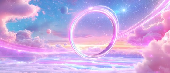 A colorful, pink and purple sky with a large circle in the middle