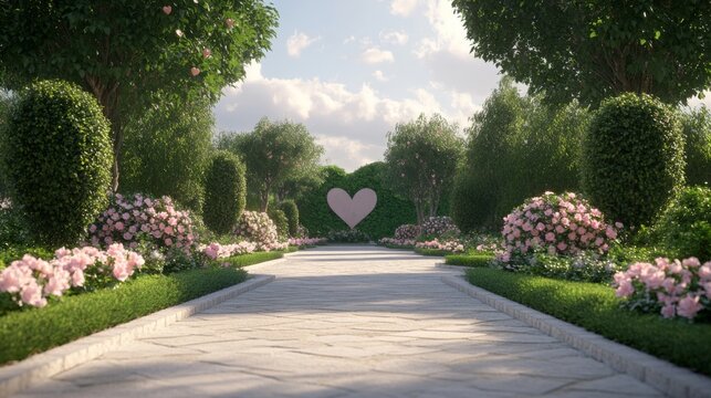 whimsical garden path lined with blooming roses and lush greenery under sunny sky - Powered by Adobe