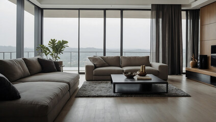 Fototapeta premium Modern living room with two large grey sofas, a coffee table, and floor-to-ceiling windows offering a scenic view. Neutral color palette; hardwood floors.
