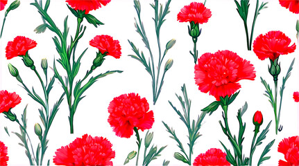 Vintage Carnation Schabaud Illustration with Red Flowers and Green Leaves in Watercolor Style, transparent background