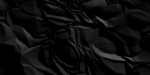 Dark black crinkle craft crushed old paper rough crumpled vintage empty cardboard sheet texture background.	