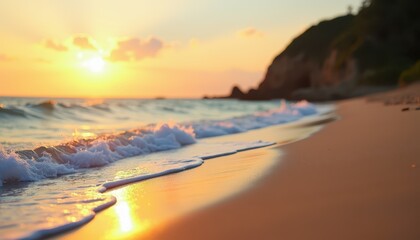 Stock photo shows a tranquil beach scene with soft waves golden sand and a sunset sky creating a peaceful and relaxing environment."