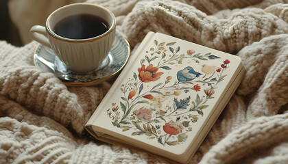 Cozy autumn scene a cup of tea, floral notebook, and a soft knitted blanket.
