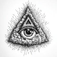 Obraz premium An intricate illustration of an all-seeing eye within a triangular shape, surrounded by clouds.