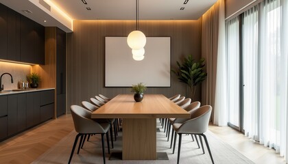 Stock photo captures a contemporary dining area with a long wooden table soft pendant lights and a neutral color palette giving the space an elegant feel."