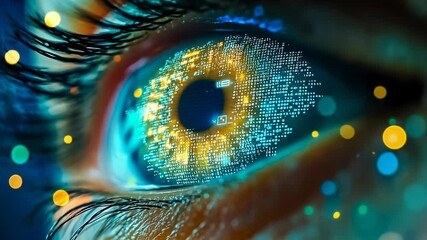 This close-up of an eye uses digital elements to symbolize the fusion of technology and human vision. The vibrant colors suggest a future where tech enhances perception, evoking fascination. - Powered by Adobe
