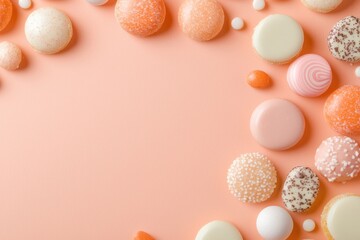 Colorful candy arrangement on pastel peach background with playful vibe