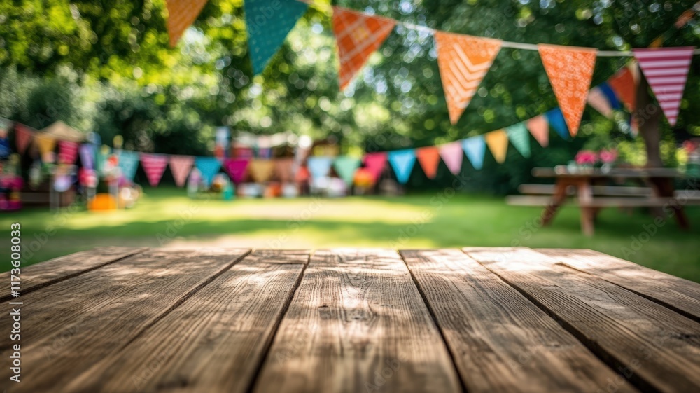 Poster empty wooden table top with a blurred background of colorful flags and a green tree
