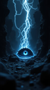 Undertale-inspired AI with lightning effects around an ominous eye set within a cave environment.