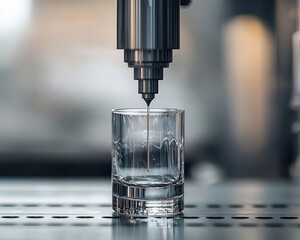 Precision laser etching designs onto glass cups, sleek and hightech factory