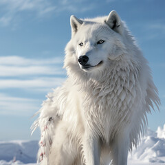 fantastic white wolf with wings among the snow,. 