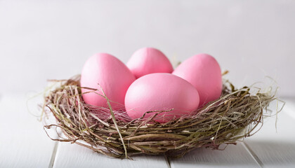 Fototapeta premium Pink eggs in nest. Happy Easter. Holiday celebration.