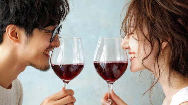 Cheers with wine glasses in a joyful moment between couples. - Powered by Adobe