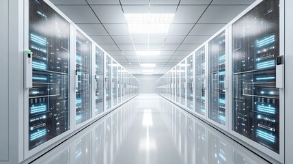 Fototapeta premium Modern Data Center: Rows of Servers Glowing with Technology