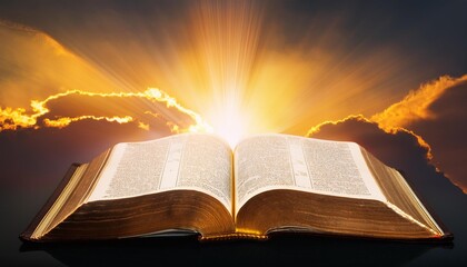 an open holy bible with golden mild shining thru clouds symbolizing hope and faith